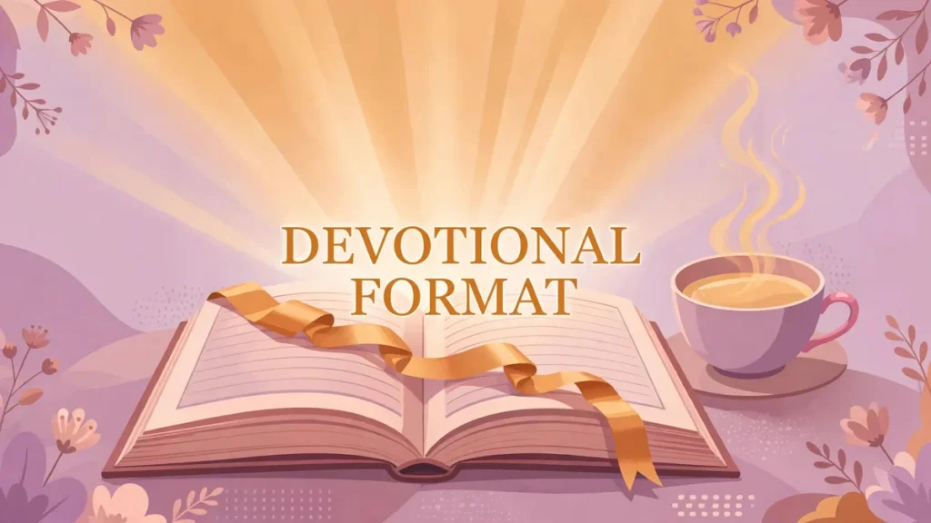 Flat vector illustration of an open devotional book with a golden satin ribbon marker and a steaming cup of tea in dusty rose, warm lavender, and golden amber tones, with the words Devotional Format centered