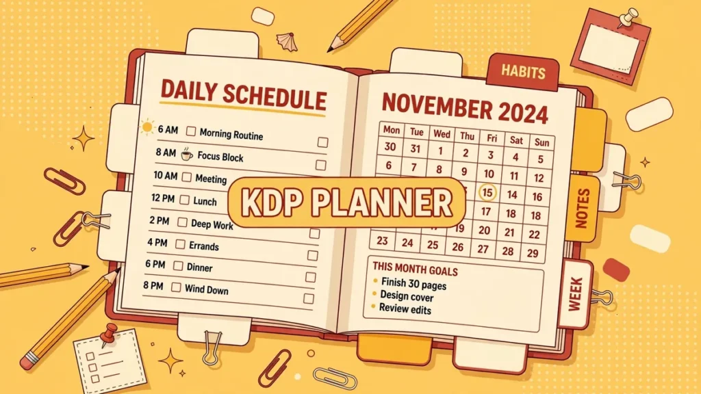 Flat vector illustration of an open daily planner with a weekly schedule grid and a monthly calendar page, tabbed dividers labeled Habits, Notes, and Week, on a warm mustard background with brick red accents — labeled KDP PLANNER