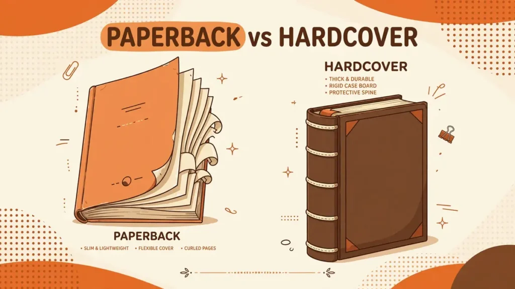 Flat vector illustration comparing a KDP paperback book with curled pages to a rigid walnut-brown hardcover case book, with 'PAPERBACK vs HARDCOVER' headline text