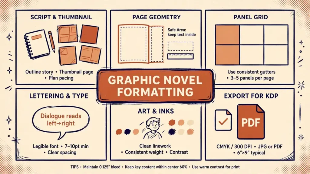 Flat vector editorial illustration of a comic-panel grid with script, page geometry, lettering, art, and KDP export panels, centered label text reading Graphic Novel Formatting, in warm terracotta, cream, and indigo ink.
