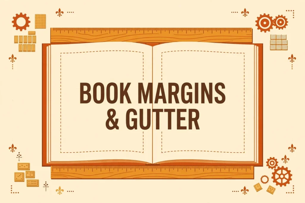 Flat vector illustration of an open book spread with dashed margin guides, rulers, and printing-press gears in warm cream, burnt orange, and ochre tones, with the text BOOK MARGINS & GUTTER centered