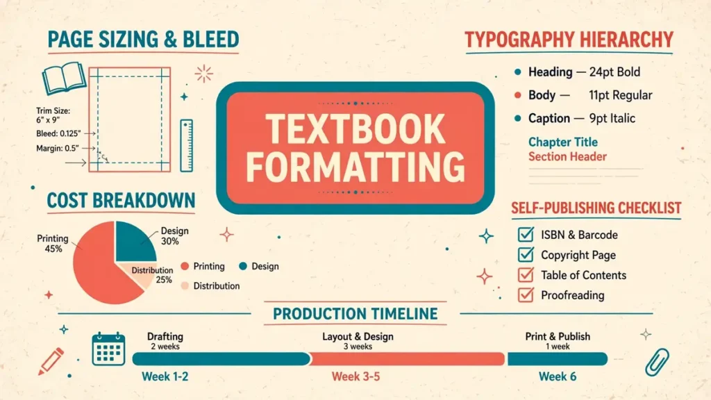 Flat vector editorial illustration in coral and teal with cream showing textbook formatting elements: page sizing, typography hierarchy, cost breakdown chart, self-publishing checklist, and production timeline