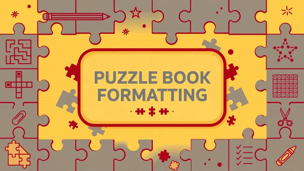 Flat vector editorial illustration of interlocking puzzle pieces in sunflower yellow and warm gray with red accents, with centered text reading 'PUZZLE BOOK FORMATTING'.