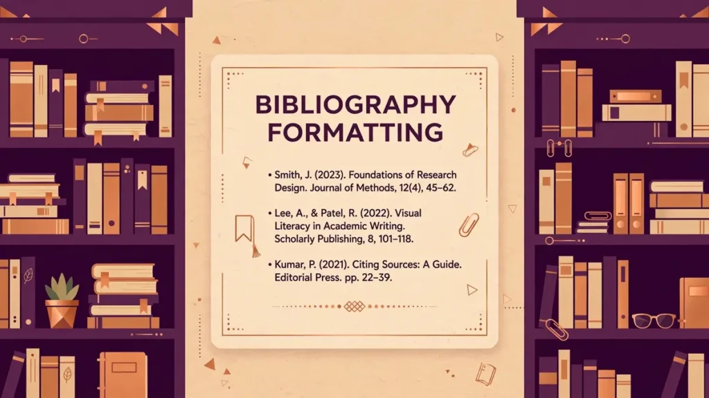 Flat vector editorial illustration of library bookshelves in deep plum and sand with copper accents, with a centered reference card labeled Bibliography Formatting