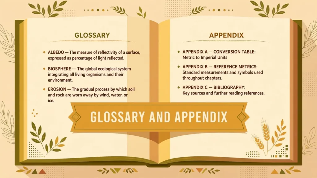 Warm olive and ochre flat vector illustration of open dictionary pages with glossary and appendix entries and centered text reading Glossary and Appendix