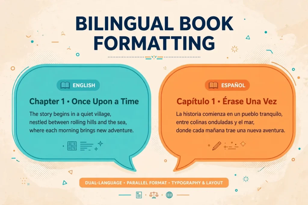 Flat vector illustration of bilingual book formatting: a turquoise English speech bubble and a warm orange Spanish speech bubble side by side