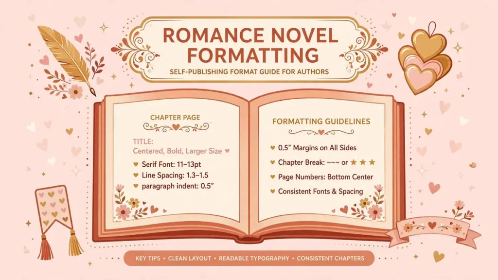 Flat vector illustration in blush pink, terracotta, warm gold and cream showing an open romance novel with chapter page and formatting guidelines, labeled Romance Novel Formatting