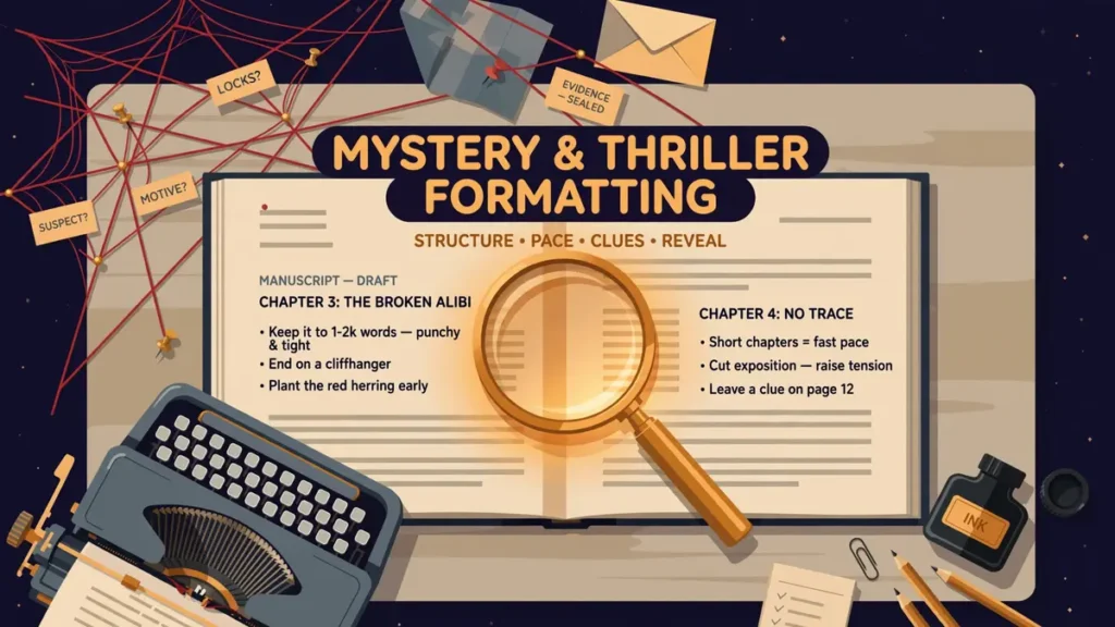 Flat vector editorial illustration for a guide on how to format a mystery or thriller novel: a midnight-navy detective desk scene with manuscript pages, a magnifying glass, and the centered text MYSTERY & THRILLER FORMATTING