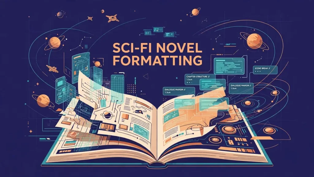 Vector illustration of an open sci-fi novel with holographic text panels, planets and orbit lines on deep indigo, labeled SCI-FI NOVEL FORMATTING.