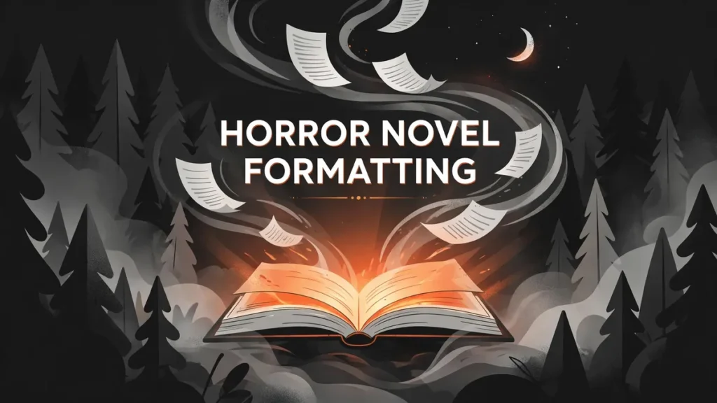 Flat vector illustration of an open book glowing ember orange in a dark forest at night, with manuscript pages swirling upward and the text HORROR NOVEL FORMATTING