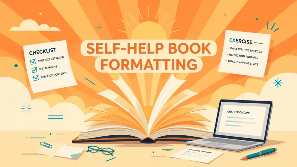 Flat vector illustration of an open self-help book at sunrise with checklist, exercise card, and laptop, labeled Self-Help Book Formatting