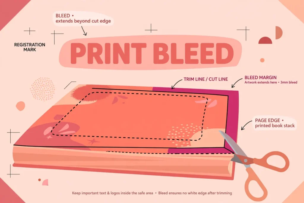 Flat vector illustration of print bleed: a printed page with artwork extending past the trim line, crop marks, and scissors in warm rose, coral, and peach tones