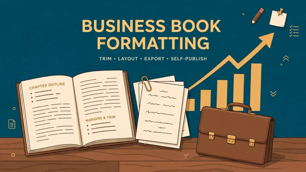Flat vector illustration in deep teal, warm gold, cream, and walnut brown showing an open business book, a briefcase, and a rising chart arrow, labeled BUSINESS BOOK FORMATTING