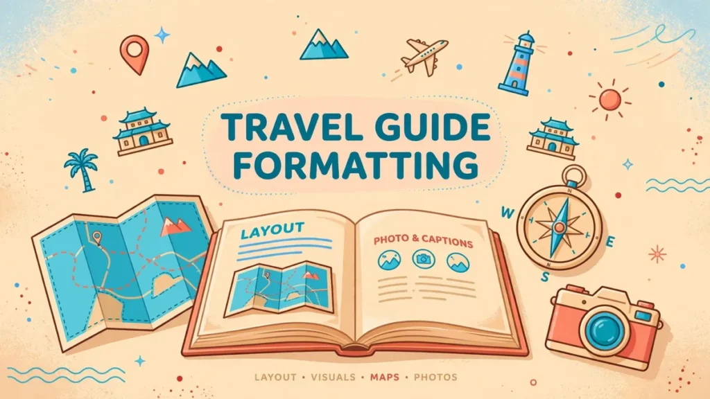 Flat vector illustration of an open travel guide book with a folded map, compass, camera and landmark icons in turquoise, coral, sandy beige and sky blue tones.