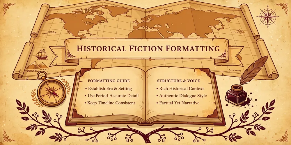 Flat vector editorial illustration for a historical fiction novel formatting guide: an open antique book with a vintage sepia world map, brass compass, quill and inkwell, and burgundy family-tree branches on aged parchment, with the title banner 'HISTORICAL FICTION FORMATTING'.