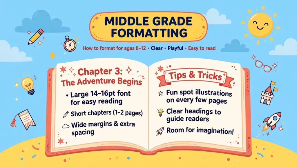 Flat vector illustration of an open middle grade chapter book with large friendly type, spot illustrations, and playful decorations on a sunny yellow and sky blue background, with the text Middle Grade Formatting.