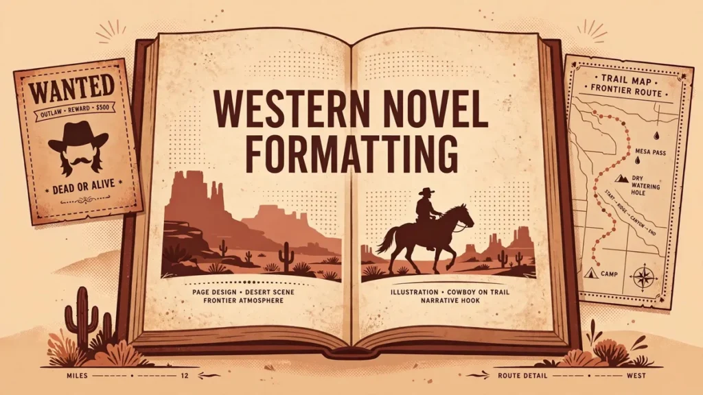 Flat vector editorial illustration of an open western novel with a wanted poster and frontier trail map, in dusty terracotta and desert sand tones.
