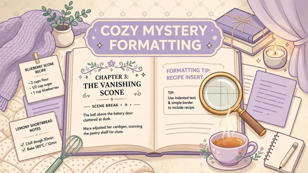 Flat vector illustration of an open cozy mystery novel showing a playful chapter header, recipe cards, a magnifying glass, and a teacup in soft lavender, cream, and sage green, with centered text reading COZY MYSTERY FORMATTING