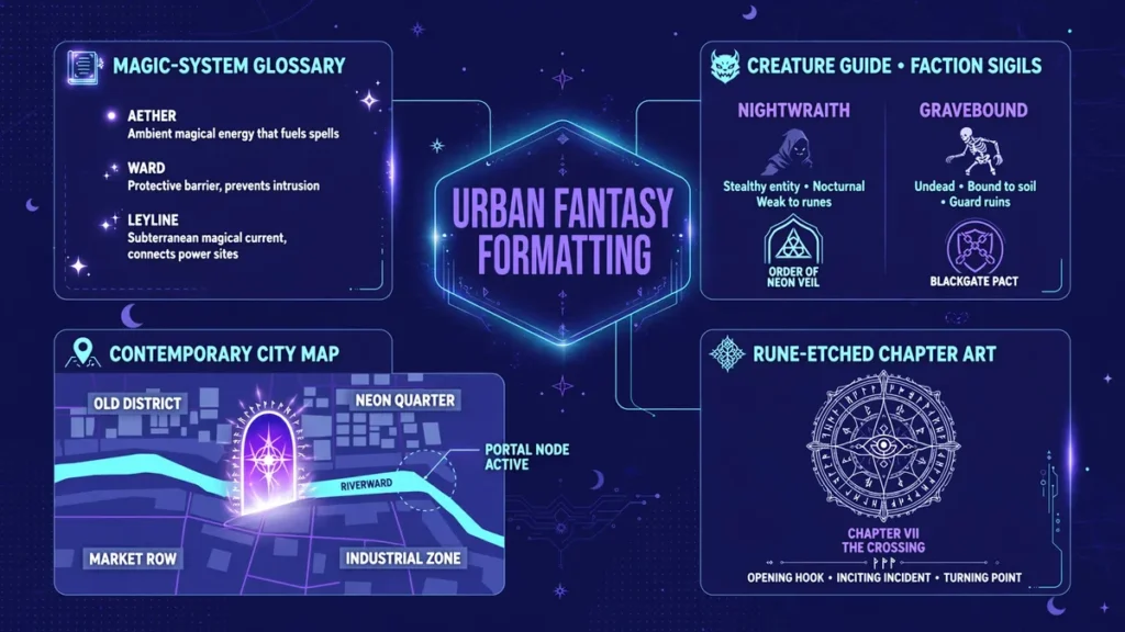 Flat vector editorial illustration in midnight blue, electric violet, and neon cyan showing a magic-system glossary, creature guide with faction sigils, a contemporary city map with a portal node, and rune-etched chapter art.