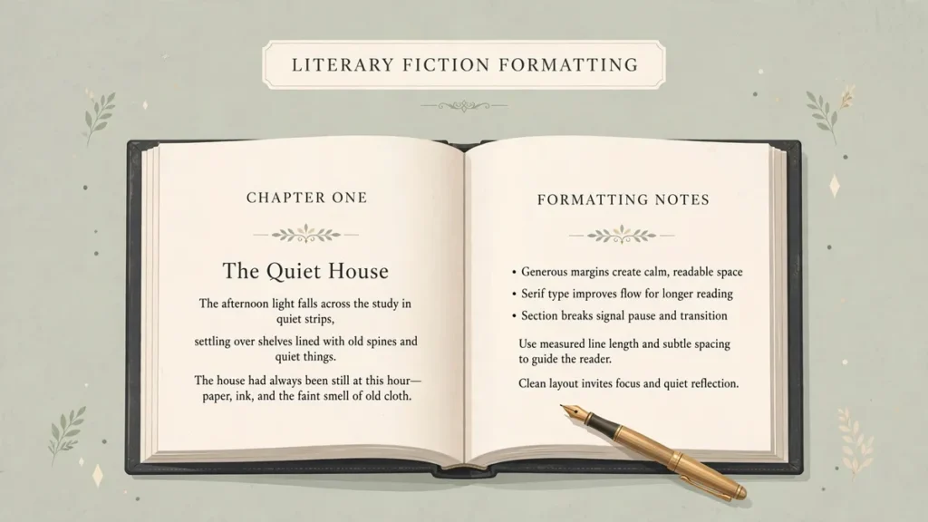 Flat vector editorial illustration of an open literary novel with elegant serif chapter typography, generous white space, and a fountain pen, labeled Literary Fiction Formatting