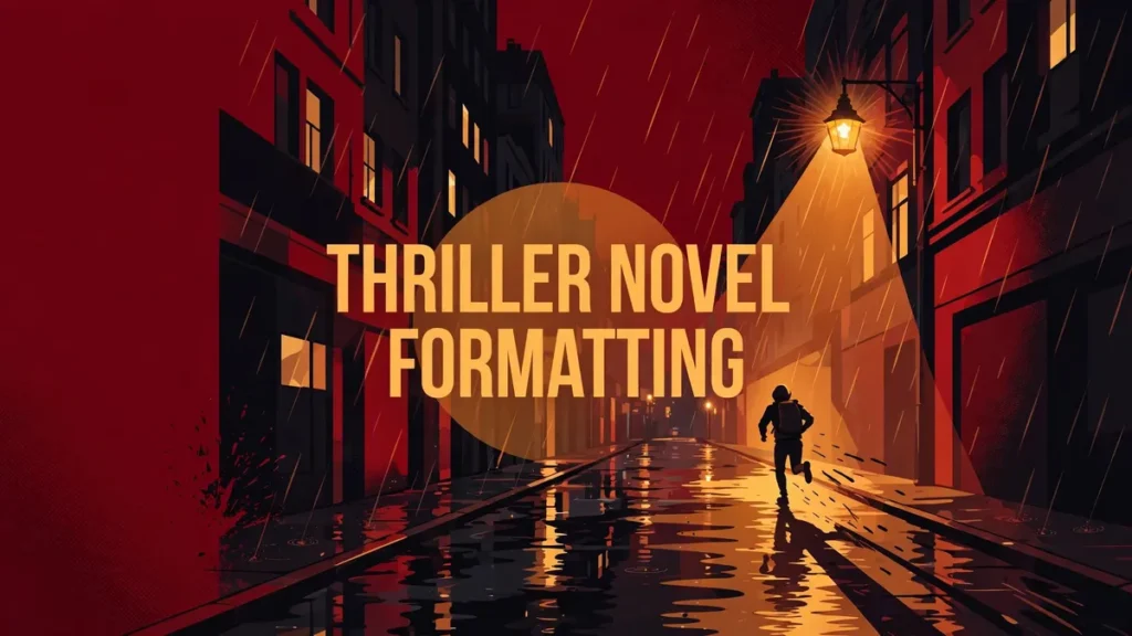 Flat vector editorial illustration of a shadowy runner sprinting through a rain-slick alley at night in deep crimson and charcoal black with a warm amber streetlamp spotlight, with the centered text THRILLER NOVEL FORMATTING