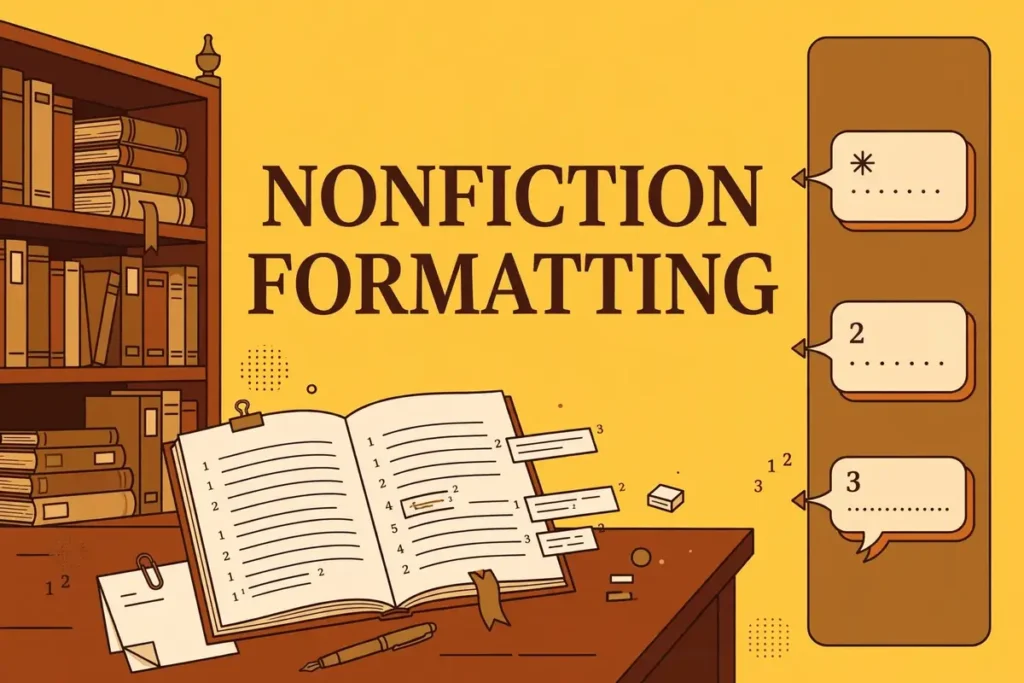 Flat-vector illustration of a research desk with an open manuscript, bookshelf, and callout boxes, labeled NONFICTION FORMATTING in warm golden yellow and brown tones