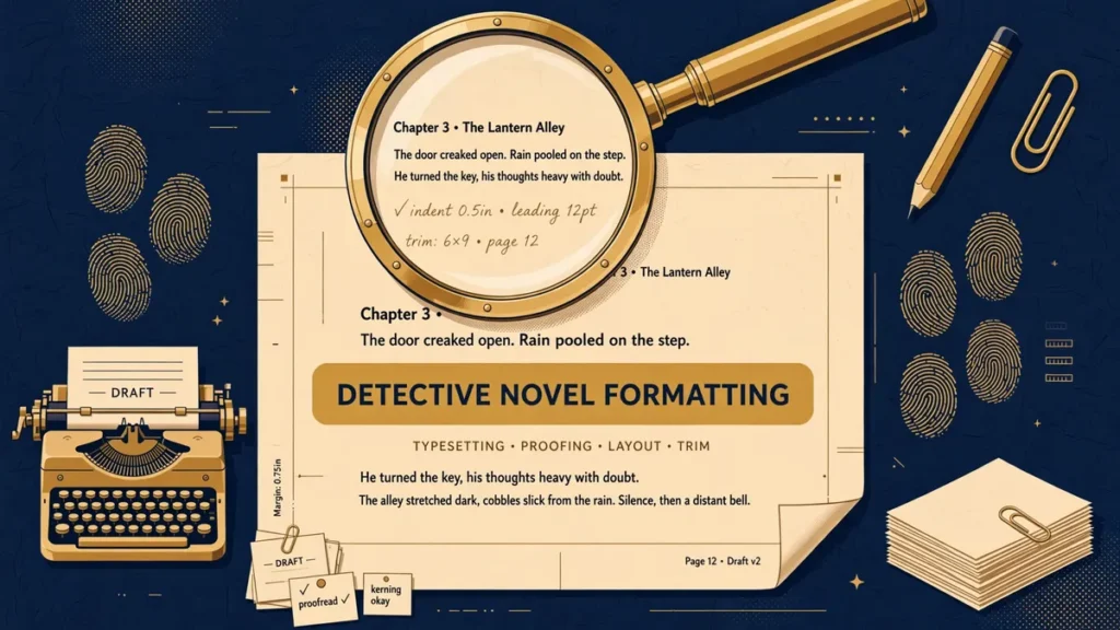 Flat vector illustration in sepia, brass gold, and noir navy: a magnifying glass hovers over a manuscript page with fingerprint motifs, labeled Detective Novel Formatting.
