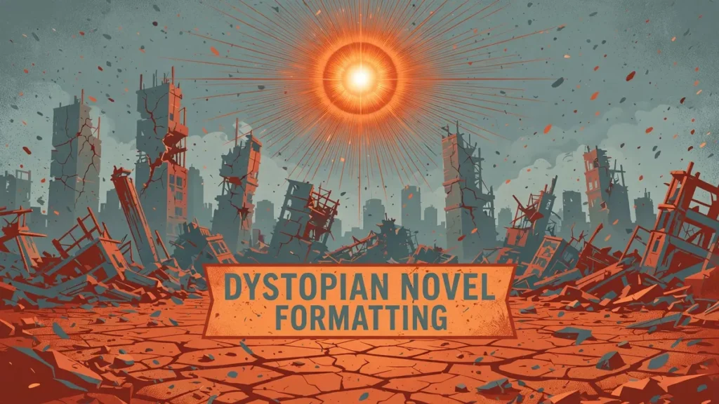 Flat vector editorial illustration of a cracked-city skyline silhouette under a harsh sun in burnt orange, rust red, and dusty teal-gray, with the centered text 'DYSTOPIAN NOVEL FORMATTING'