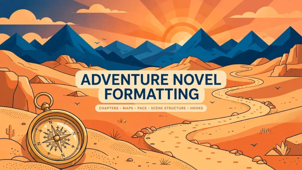 Flat vector illustration of a vintage compass and a winding trail toward mountain peaks at sunset, labeled Adventure Novel Formatting