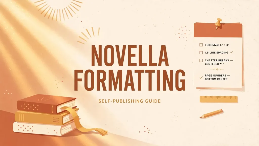 Flat vector illustration in terracotta and warm gold showing a slim stack of small books with a ribbon bookmark under warm side-light, titled Novella Formatting