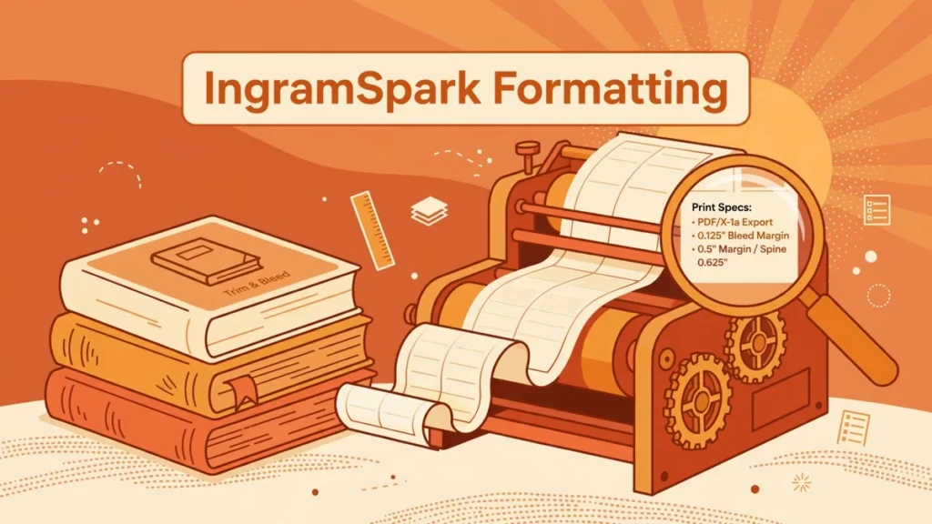 Flat vector illustration of a printing press and stacked books with the text IngramSpark Formatting