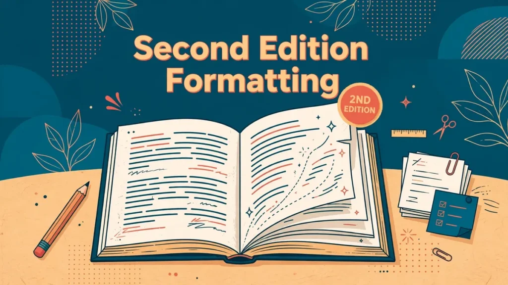 Flat vector illustration of an open book being revised into a second edition, with 'Second Edition Formatting' text, a 2ND EDITION badge, pencil and page proofs on a desk