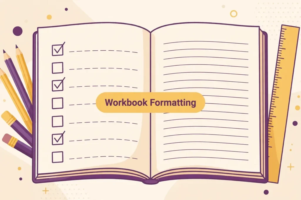Flat vector editorial illustration in plum purple, gold, and ivory showing open workbook pages with writing lines, checkboxes, and exercise layouts being formatted for print