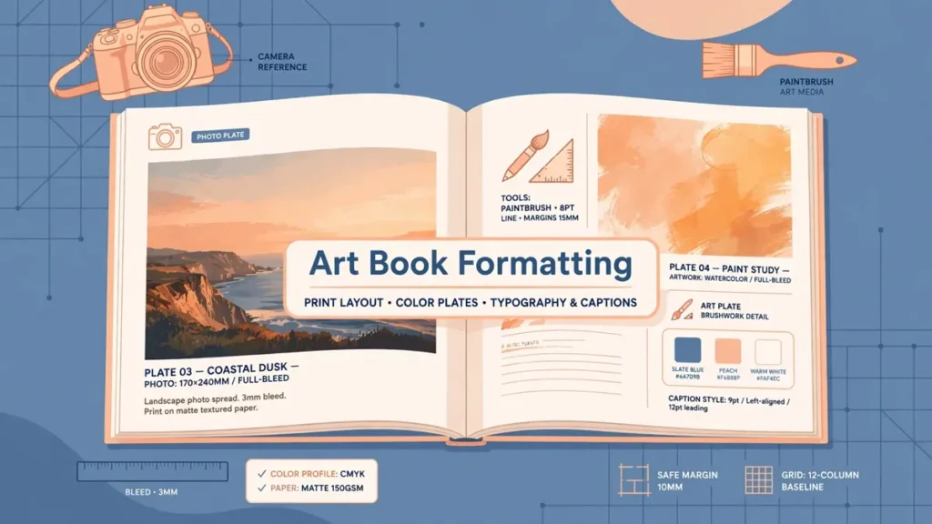 Flat vector illustration of an open art book with photo plates, a camera and a paintbrush, labeled Art Book Formatting