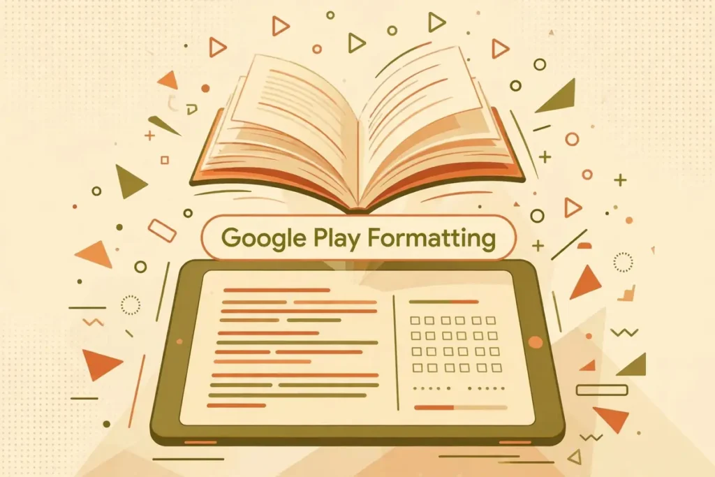 Flat vector illustration of an open book rising above a tablet with page lines and geometric shapes in warm olive, cream, and burnt orange, labeled 'Google Play Formatting'
