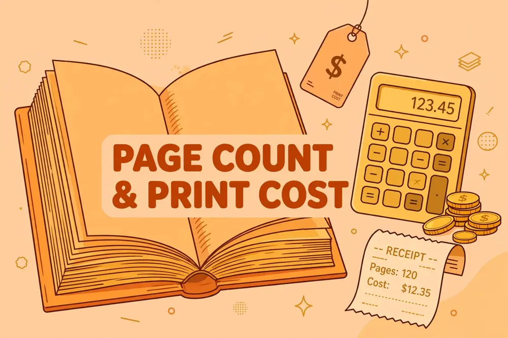 Flat-vector editorial illustration of an open book with stacked pages, a price tag, a calculator, coins and a receipt in warm peach and tangerine tones, with the text PAGE COUNT & PRINT COST