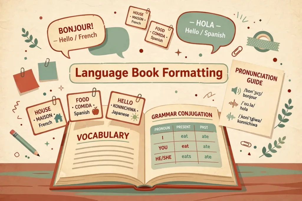 Flat vector illustration of an open language book with vocabulary cards, speech bubbles, a grammar conjugation table, and a pronunciation guide in rust red, sage green, and parchment tones