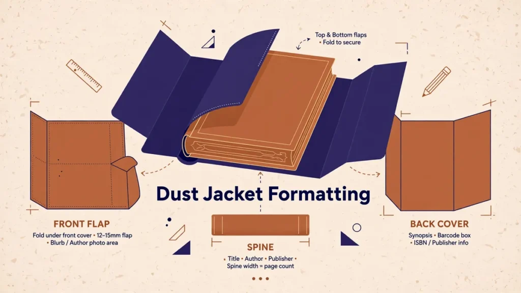 Flat vector illustration showing a hardcover book with its dust jacket unfolded into labeled panels — front flap, spine, and back cover — with the text 'Dust Jacket Formatting'