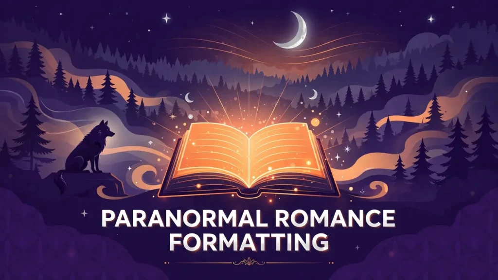 Flat vector editorial illustration for a guide on how to format a paranormal romance novel, in midnight purple, ember orange, and moonlit silver, showing a crescent moon, a wolf silhouette, and a glowing open book.