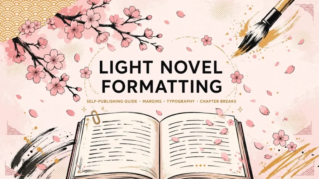 Flat vector illustration for a light novel formatting guide: an open book with drifting cherry blossom petals and ink brush strokes in pink, black, and gold, with the text LIGHT NOVEL FORMATTING