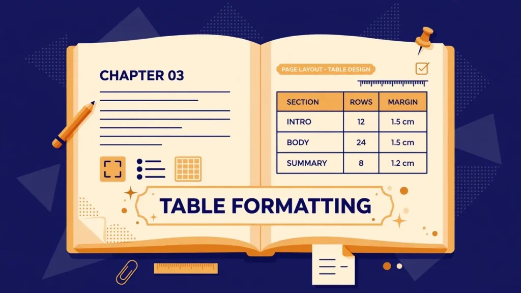 Flat vector illustration of an open book displaying a clean formatted data table, labeled TABLE FORMATTING, in deep navy, warm amber, and cream.