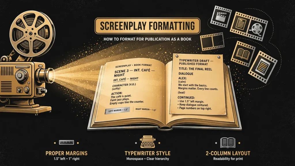 Film-noir style illustration of a vintage projector beaming light onto an open book showing screenplay script columns, labeled Screenplay Formatting