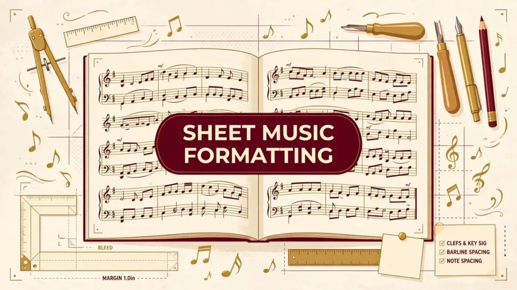 Sheet music formatting illustration: an open printed music book with staff notation in deep burgundy and brass gold, with engraving tools and layout guides