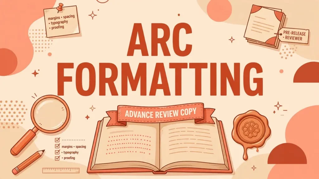 Flat vector illustration in warm coral, terracotta, and sand tones showing an open proof book with an Advance Review Copy ribbon banner, magnifying glass, and wax seal, with the words ARC FORMATTING centered in the frame.