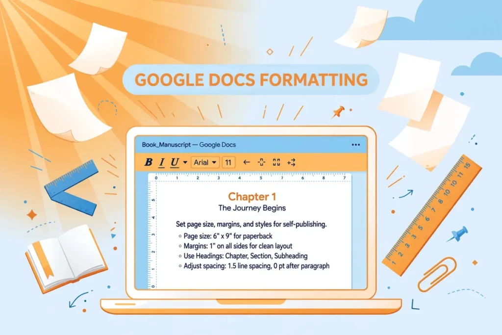 Flat vector illustration of formatting a book manuscript in Google Docs — a laptop showing a chapter page with ruler guides, floating paper sheets, warm orange, sky blue and paper-white editorial artwork with the centered text 'GOOGLE DOCS FORMATTING'.