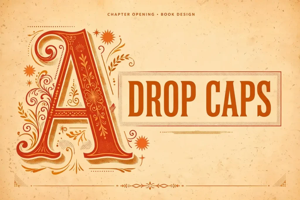 Decorative drop cap illustration: a giant ornamental red-orange initial letter beside the words DROP CAPS on a warm vintage letterpress background