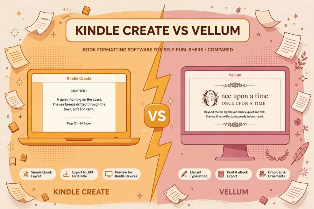 Flat vector illustration comparing Kindle Create and Vellum book formatting software: amber-toned laptop showing a simple Kindle ebook layout versus a dusty-rose Mac screen showing elegant typeset book design with drop cap and ornaments, separated by a VS lightning bolt