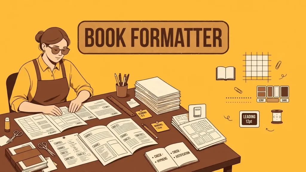 Flat vector illustration of a book formatter arranging book pages and typography layouts on a desk, in mustard yellow and chocolate brown