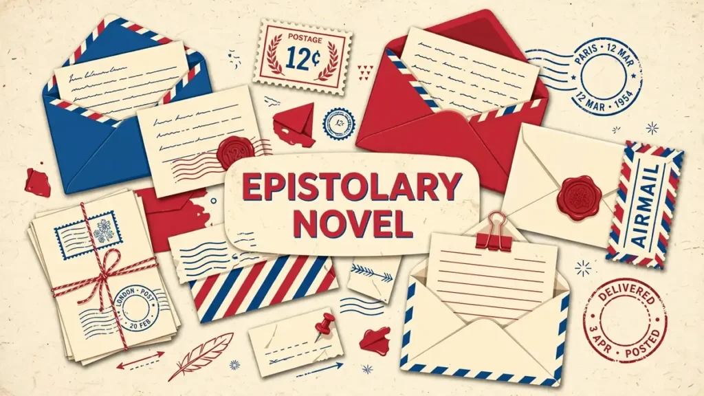 Flat vector illustration of envelopes, letters, postage stamps and postmarks in cream paper, crimson and postal blue, with the words EPISTOLARY NOVEL centered