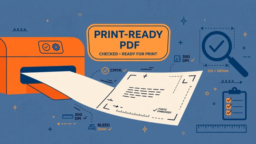 Flat vector illustration of a printer producing a document marked with print checks: embedded fonts, 300 DPI, CMYK, and 3mm bleed, labeled PRINT-READY PDF